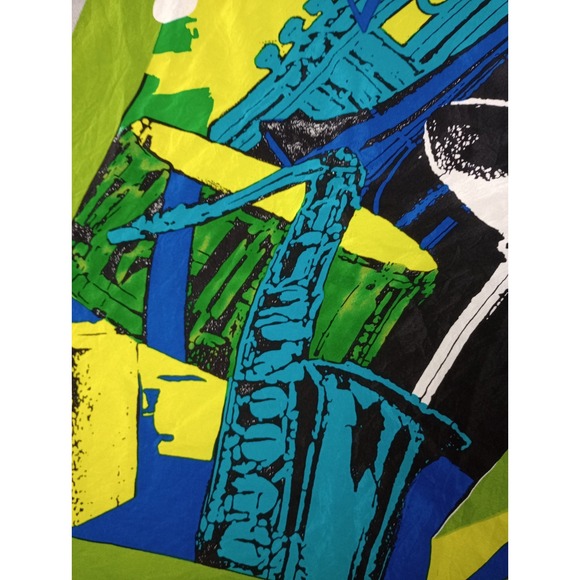 Vintage Silk Scarf Jazz Music Bold Bright 34x33 Unique Trombone Casca 80s - Picture 6 of 10
